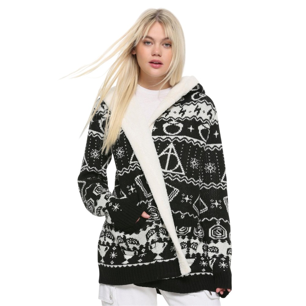 Torrid Harry Potter Plus Size 3X Cardigan Black White Fair Isle Sherpa Hooded D